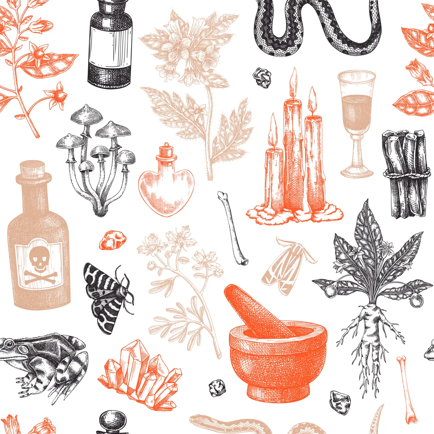 Witchcraft seamless pattern. Bohemian background. Witch herbs, poisonous plants, magic ingredients and floral elements. NOT AI generated Illustration